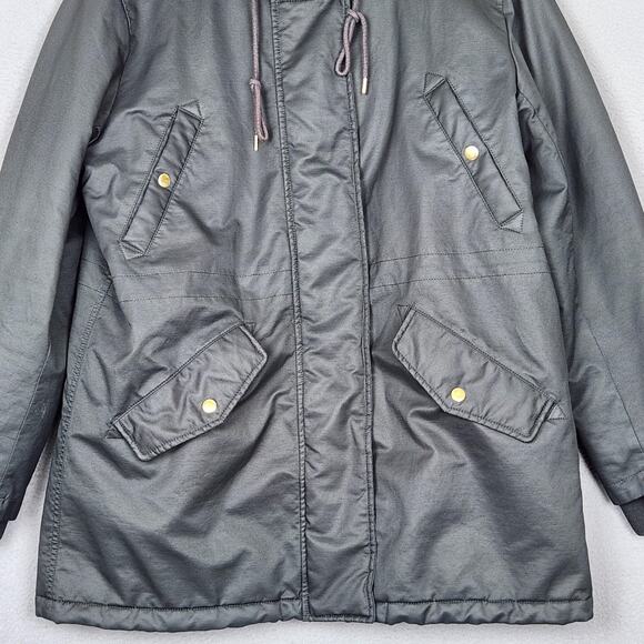 J Crew Jacket Womens XL Black Faux Fur Hood Quilted Lined Perfect Parka H2222 - Picture 6 of 16